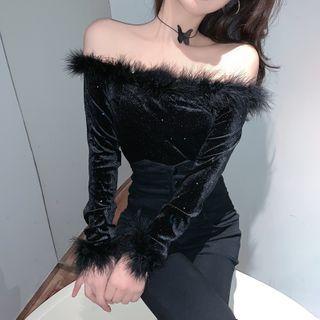 Furry Trim Off-shoulder Glitter Long-sleeve Top