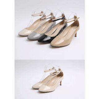 Oval-toe Ankle-strap Patent Pumps