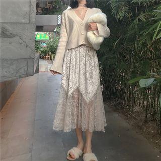Velvet Panel Midi A-line Lace Skirt