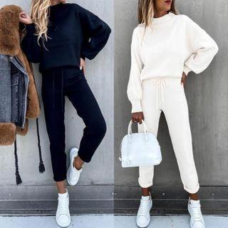 Set: Plain High Neck Sweatshirt + Pants