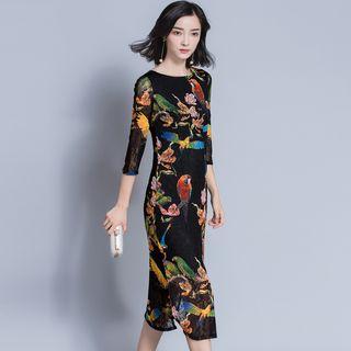 Long-sleeved Floral Print Crewneck A-line Slim Long Sheath Dress