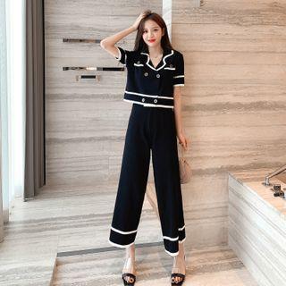 Set: Short-sleeve Double-breasted Knit Top + Wide Leg Pants