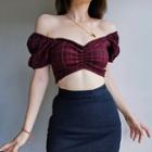 Off Shoulder Two Tone Plaid Pleated Cropped Top