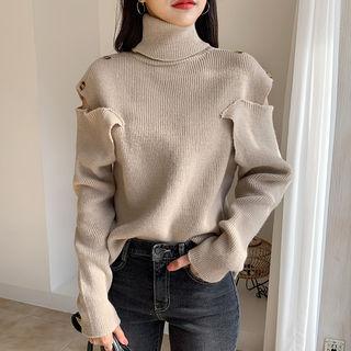 Turtle-neck Cutaway-shoulder Knit Top