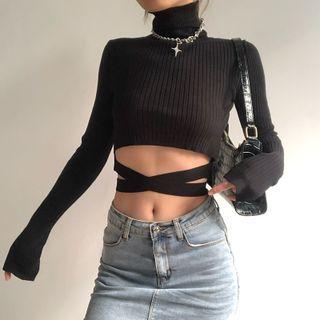 Long-sleeve Turtleneck Tie-waist Knit Crop Top