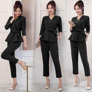 Set: V-neck Long-sleeve Peplum Top + Cropped Pants