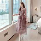 Long Sleeve Mesh Layered A-line Cocktail Dress