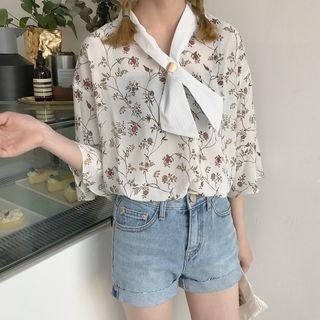 3/4-sleeve Floral Chiffon Top As Shown In Figure - One Size