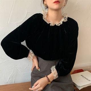 Long-sleeve Lace Trim Blouse Black - One Size