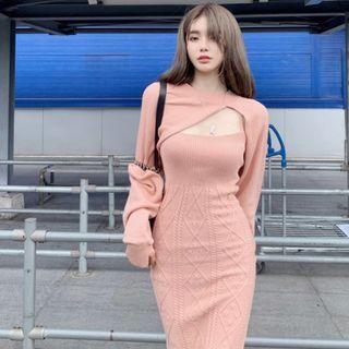 Spaghetti-strap Cable Knit Sheath Dress / Shrug