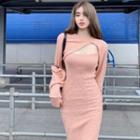 Spaghetti-strap Cable Knit Sheath Dress / Shrug