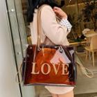 Set: Pvc Lettering Tote Bag + Pouch With Beige Pouch - Red Brown - One Size