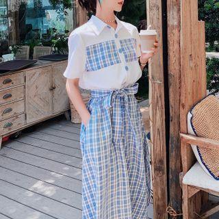 Short-sleeve Plaid Panel Midi A-line Shirtdress