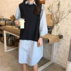 Long-sleeve Midi Shirt Dress / Knit Vest