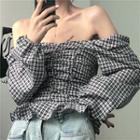 Long-sleeve Drawstring Plaid Top As Shown In Figure - One Size