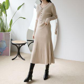 Set: Button-detail Rib-knit Top + Long Flare Skirt