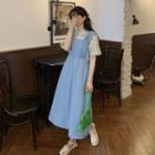 Sleeveless Plain Midi Dress / Short-sleeve Floral Print Shirt