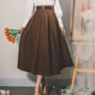 Belted Gingham A-line Maxi Skirt