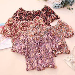 Puff-sleeve Floral Print Lace-up Crop Top