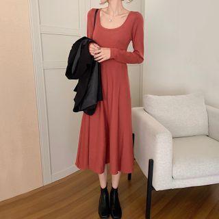 Long-sleeve Scoop-neck Knit Midi A-line Dress