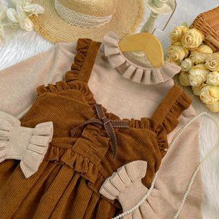 Long-sleeve Frill Trim Knit Top / Corduroy Midi A-line Overall Dress / Set