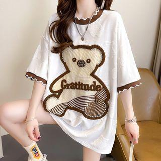 Elbow-sleeve Bear Embroidered Oversized T-shirt