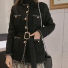 Contrast-trim Tweed Wool Blend Jacket With Belt Black - One Size