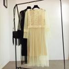 Set: Spaghetti Strap Slipdress + Long-sleeve Lace Panel Sheer Midi Dress