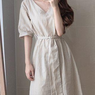 Elbow-sleeve Striped V-neck A-line Midi Dress