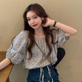 Puff-sleeve Drawstring Floral Blouse As Shown In Figure - One Size