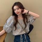 Puff-sleeve Drawstring Floral Blouse As Shown In Figure - One Size