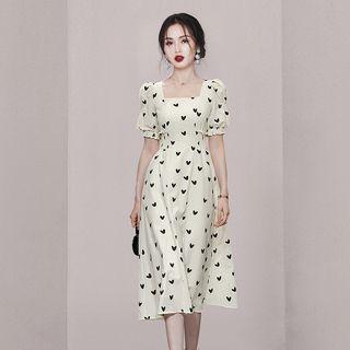 Puff-sleeve Square-neck Heart Print A-line Dress