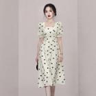 Puff-sleeve Square-neck Heart Print A-line Dress