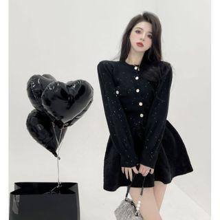 Puff-sleeve Cardigan / Velvet High-waist A-line Mini Skirt