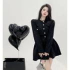 Puff-sleeve Cardigan / Velvet High-waist A-line Mini Skirt