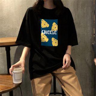 Elbow-sleeve Cheese Print T-shirt