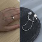 Rhinestone Faux Pearl Chained Alloy Open Ring Silver - One Size