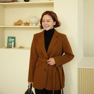 Single-breasted Blazer With Sash Camel - One Size