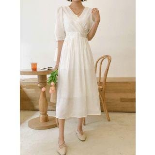 Wrap-front Puff-shoulder Long Dress