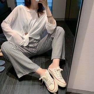 Tie-waist Sheer Long-sleeve Top / High-waist Striped Pants