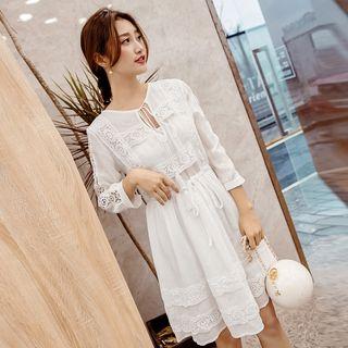 3/4-sleeve Crochet Lace Panel Chiffon Dress