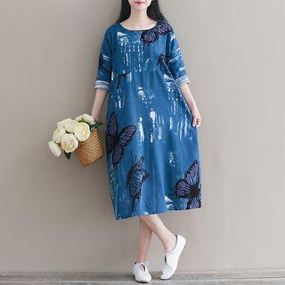 3/4-sleeve Butterfly Print T-shirt Dress