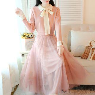Mock Two-piece Tie-neck Mesh-panel Dress