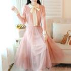 Mock Two-piece Tie-neck Mesh-panel Dress