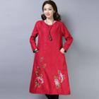 Long-sleeve Floral Embroidered A-line Dress