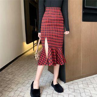 High-waist Houndstooth Midi Mermaid Skirt
