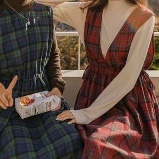 Reversible Tie-side Plaid Long Pinafore Dress