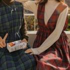 Reversible Tie-side Plaid Long Pinafore Dress