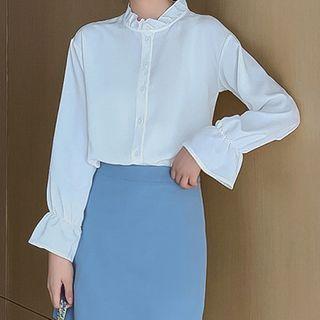 Long-sleeve Button-up Mock-neck Blouse