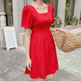 Square-neck Tie-waist Flare Dress